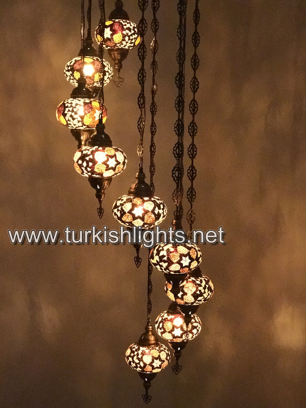 9-BALL TURKISH  MOSAIC CHANDELIER WITH LARGE GLOBES, BROWN - TurkishLights.NET