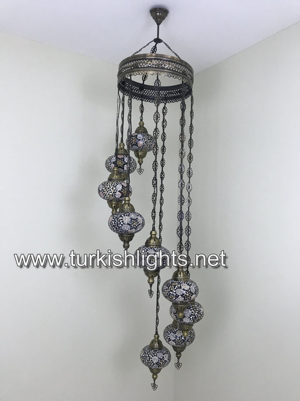 9-BALL TURKISH  MOSAIC CHANDELIER WITH LARGE GLOBES, BROWN - TurkishLights.NET