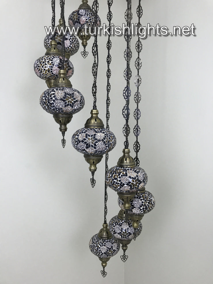 9-BALL TURKISH  MOSAIC CHANDELIER WITH LARGE GLOBES, BROWN - TurkishLights.NET