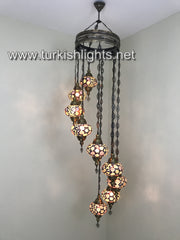 9-BALL TURKISH  MOSAIC CHANDELIER WITH LARGE GLOBES, BROWN - TurkishLights.NET