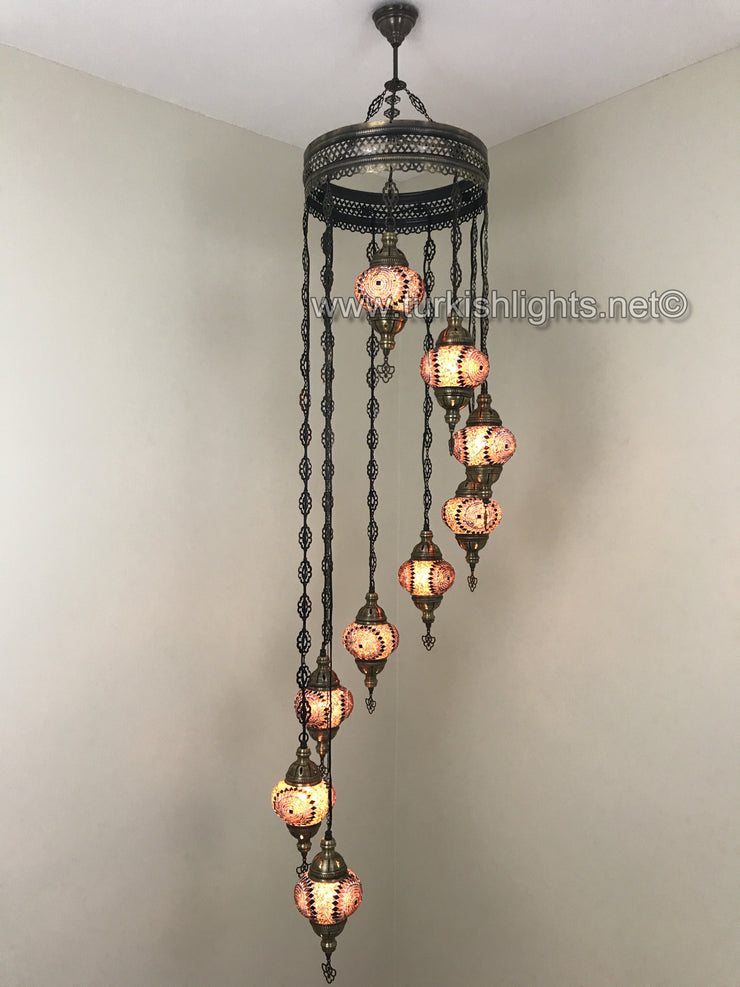 9-BALL TURKISH  MOSAIC CHANDELIER WITH MEDIUM GLOBES, BROWN - TurkishLights.NET