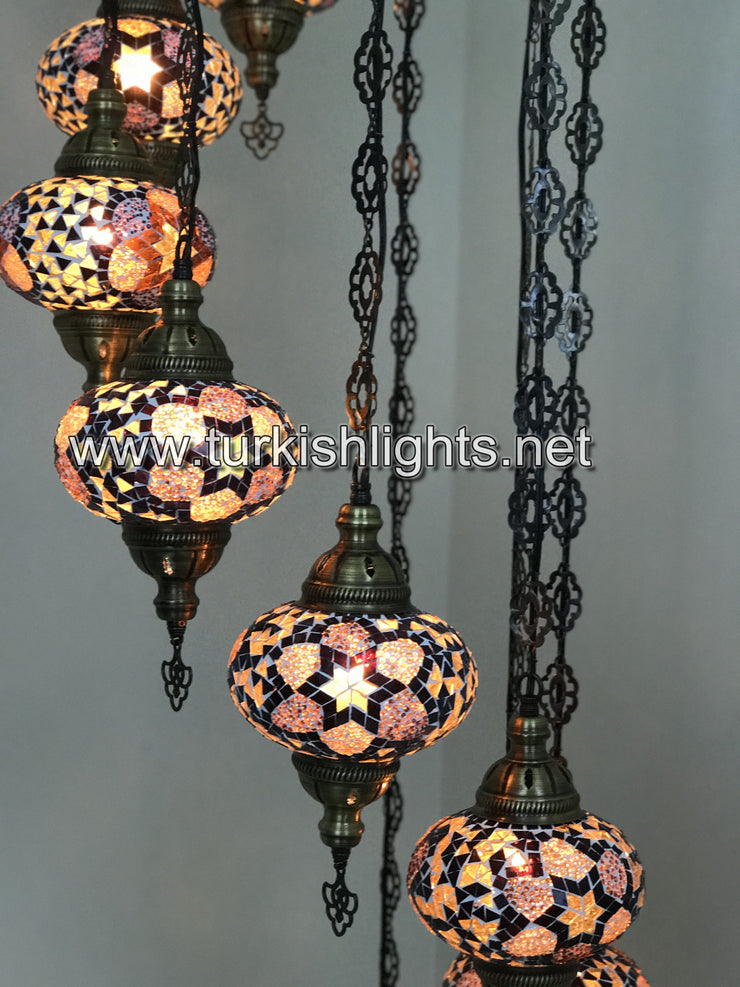 9-BALL TURKISH  MOSAIC CHANDELIER WITH LARGE GLOBES, BROWN - TurkishLights.NET