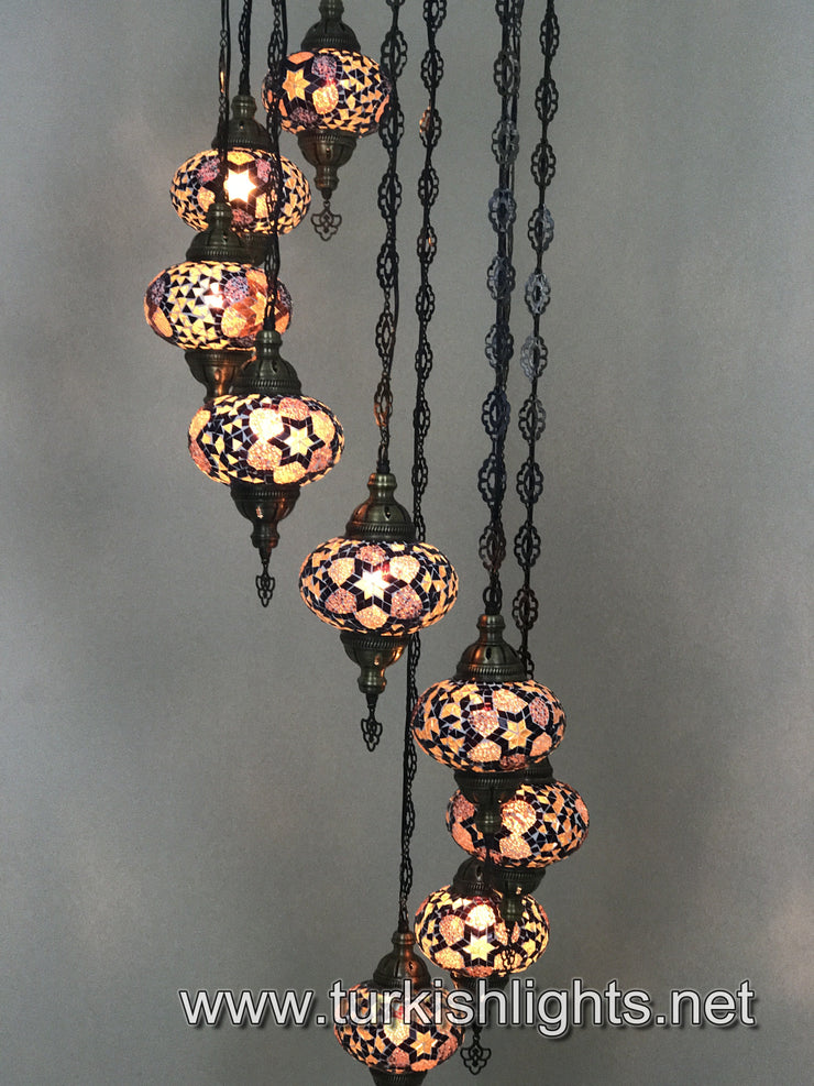 9-BALL TURKISH  MOSAIC CHANDELIER WITH LARGE GLOBES, BROWN - TurkishLights.NET