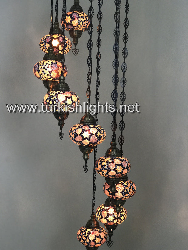 9-BALL TURKISH  MOSAIC CHANDELIER WITH LARGE GLOBES, BROWN - TurkishLights.NET