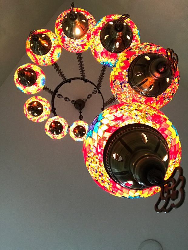 9-BALL TURKISH  MOSAIC CHANDELIER WITH MEDIUM GLOBES - TurkishLights.NET