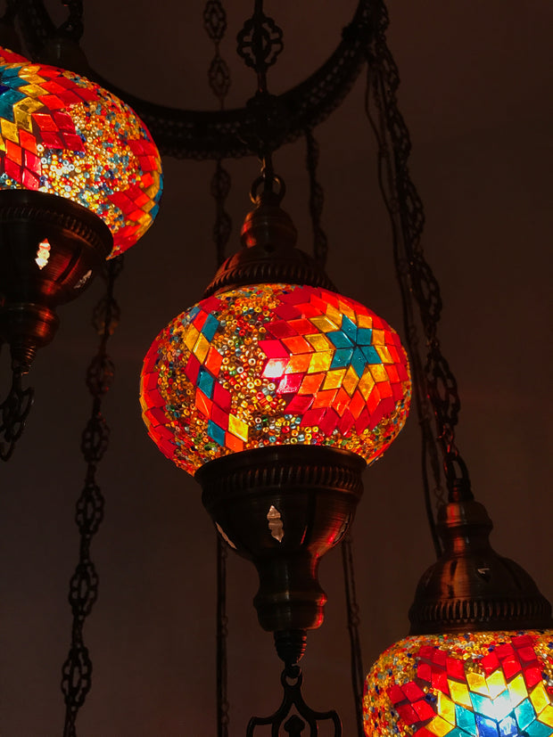 9-BALL TURKISH  MOSAIC CHANDELIER WITH MEDIUM GLOBES - TurkishLights.NET