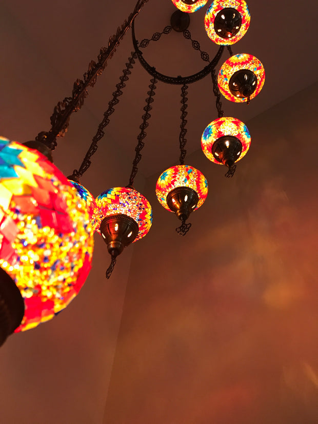 9-BALL TURKISH  MOSAIC CHANDELIER WITH MEDIUM GLOBES - TurkishLights.NET