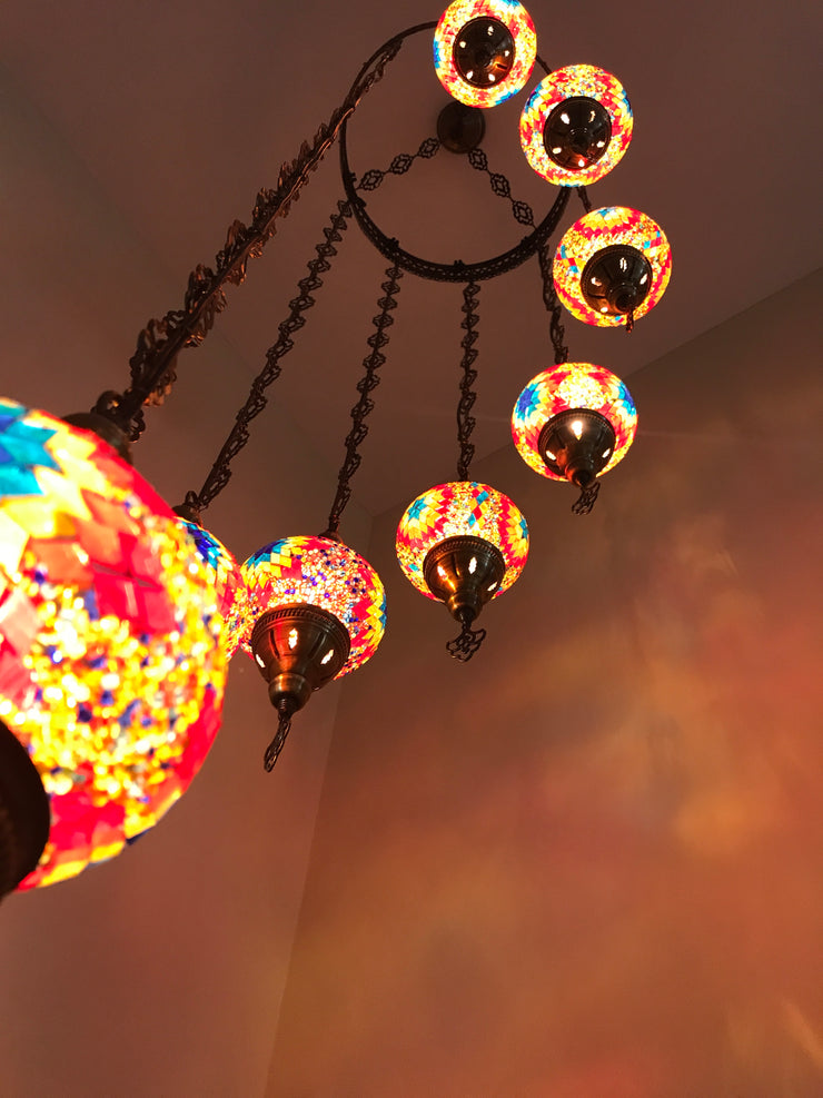 9-BALL TURKISH  MOSAIC CHANDELIER WITH MEDIUM GLOBES - TurkishLights.NET