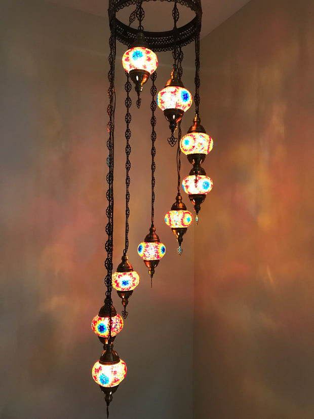 9-BALL TURKISH  MOSAIC CHANDELIER WITH MEDIUM GLOBES - TurkishLights.NET