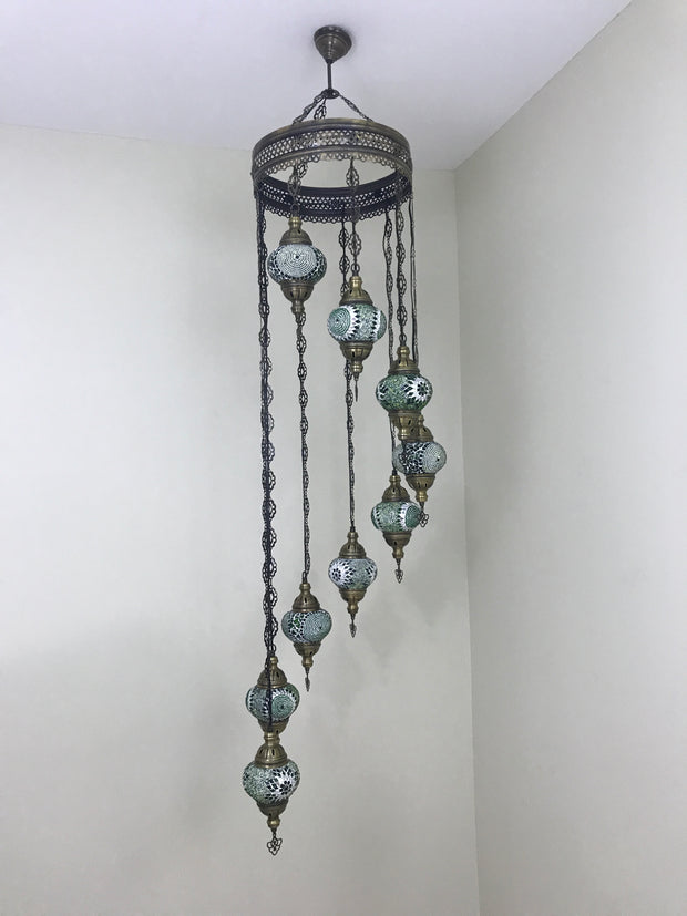 9-BALL TURKISH  MOSAIC CHANDELIER WITH MEDIUM GLOBES - TurkishLights.NET