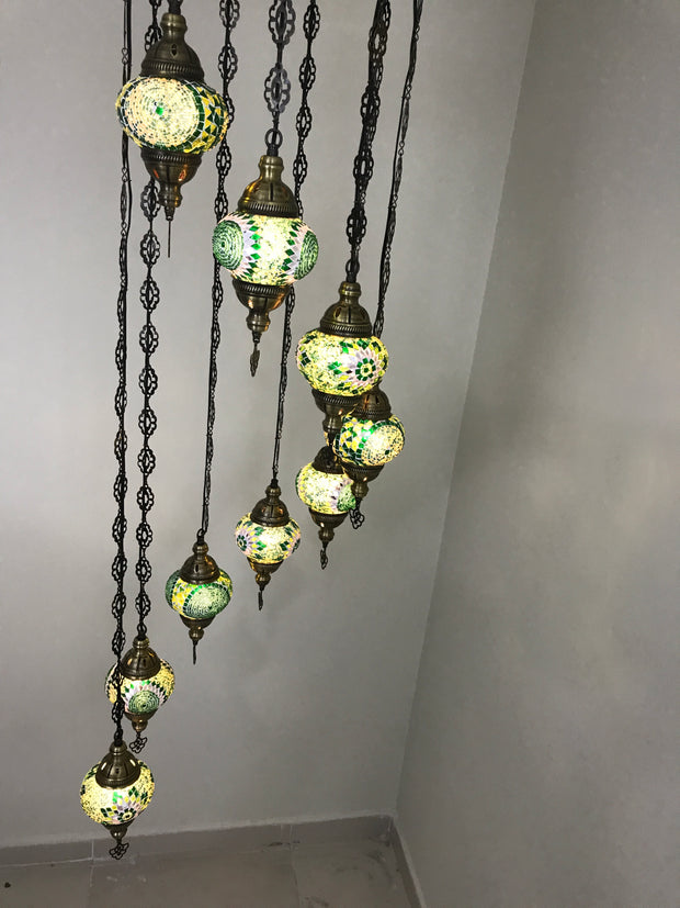 9-BALL TURKISH  MOSAIC CHANDELIER WITH MEDIUM GLOBES - TurkishLights.NET