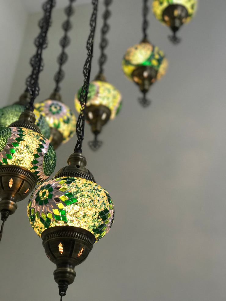 9-BALL TURKISH  MOSAIC CHANDELIER WITH MEDIUM GLOBES - TurkishLights.NET