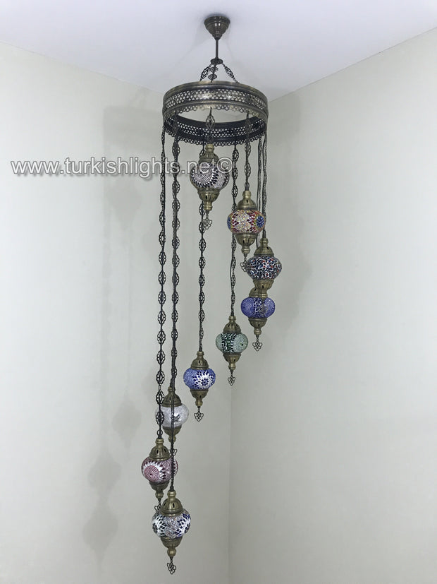 9-BALL TURKISH  MOSAIC CHANDELIER WITH MEDIUM GLOBES, MIX GLOBES - TurkishLights.NET