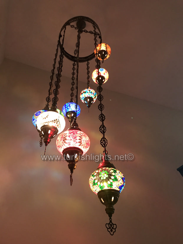 9-BALL TURKISH  MOSAIC CHANDELIER WITH MEDIUM GLOBES, MIX GLOBES - TurkishLights.NET