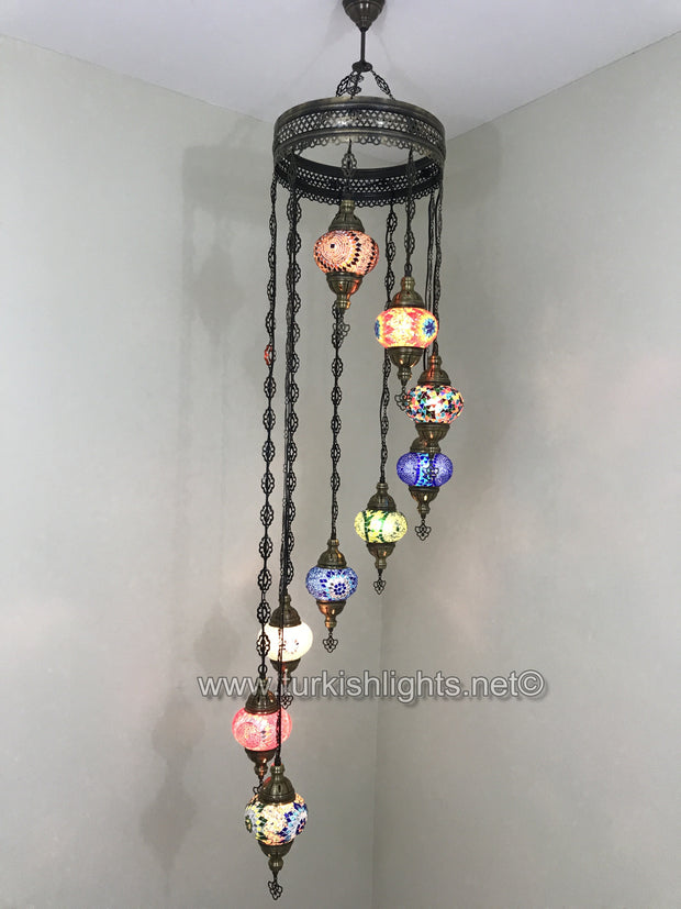 9-BALL TURKISH  MOSAIC CHANDELIER WITH MEDIUM GLOBES, MIX GLOBES - TurkishLights.NET