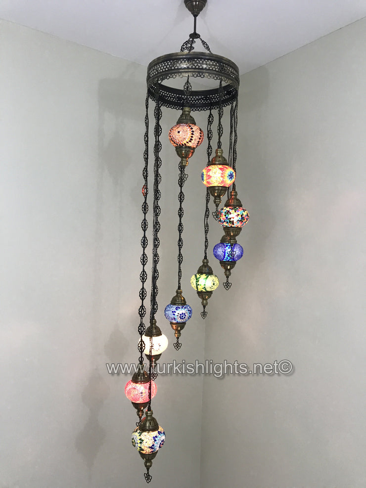 9-BALL TURKISH  MOSAIC CHANDELIER WITH MEDIUM GLOBES, MIX GLOBES - TurkishLights.NET