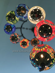 9-BALL TURKISH  MOSAIC CHANDELIER WITH MEDIUM GLOBES, MIX GLOBES - TurkishLights.NET