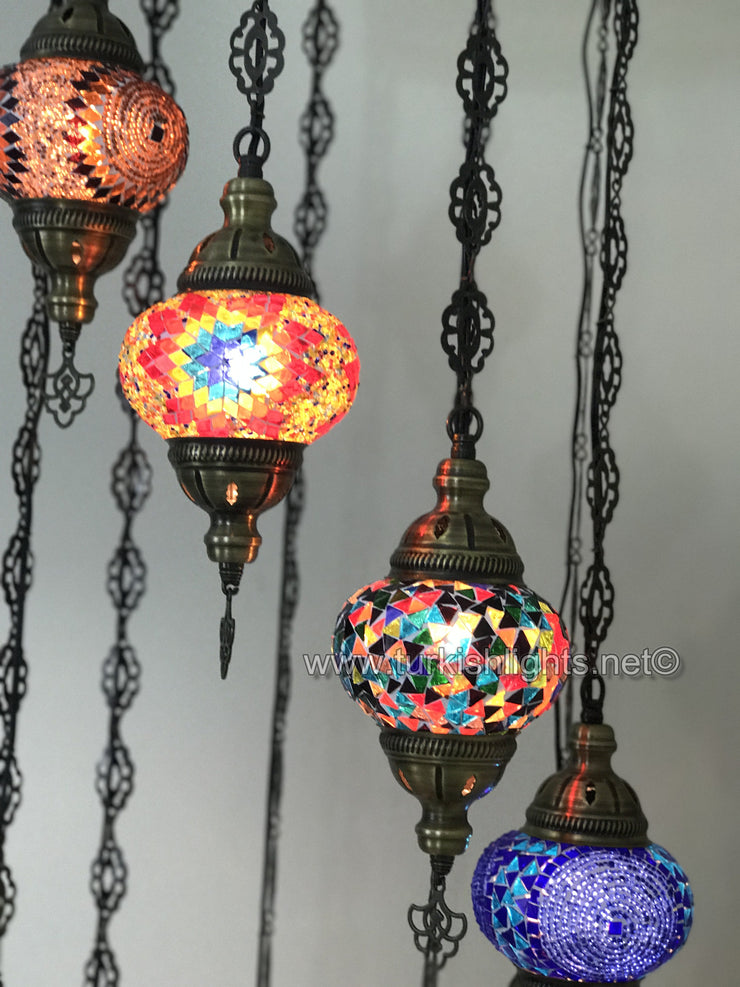 9-BALL TURKISH  MOSAIC CHANDELIER WITH MEDIUM GLOBES, MIX GLOBES - TurkishLights.NET