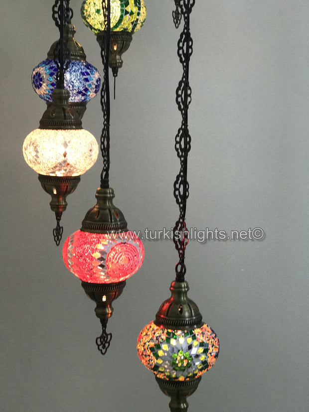 9-BALL TURKISH  MOSAIC CHANDELIER WITH MEDIUM GLOBES, MIX GLOBES - TurkishLights.NET