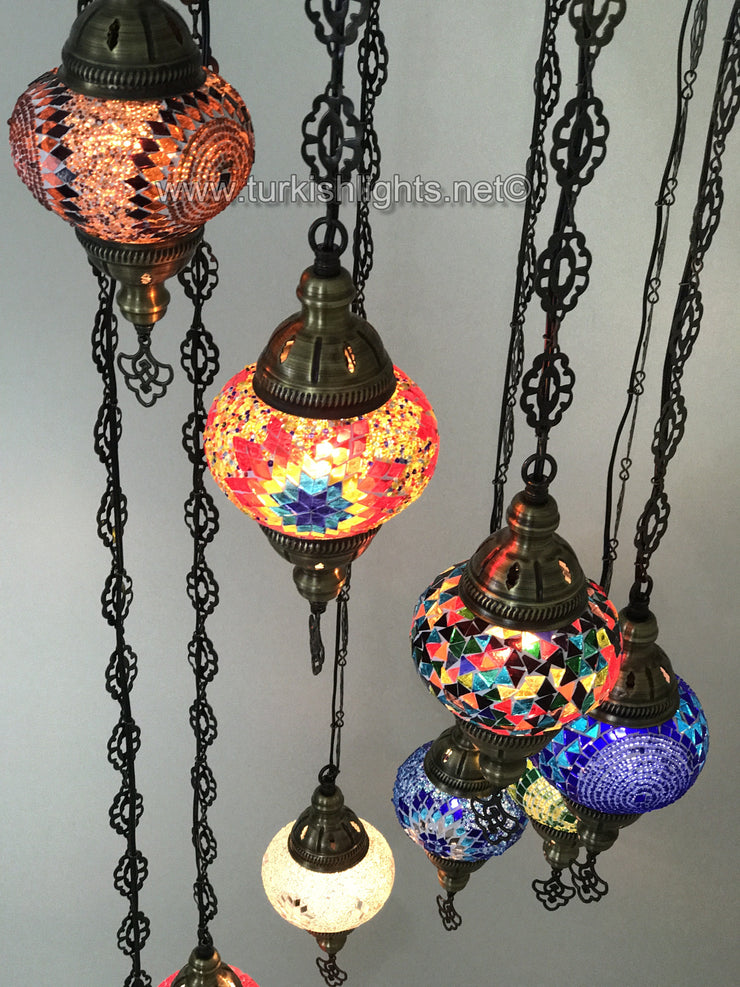 9-BALL TURKISH  MOSAIC CHANDELIER WITH MEDIUM GLOBES, MIX GLOBES - TurkishLights.NET