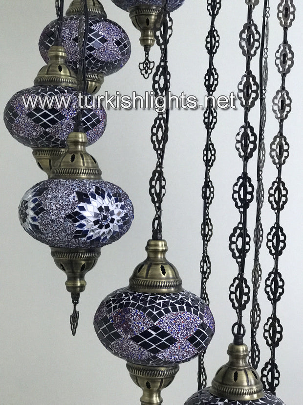 9-BALL TURKISH  MOSAIC CHANDELIER WITH LARGE GLOBES, PURPLE - TurkishLights.NET