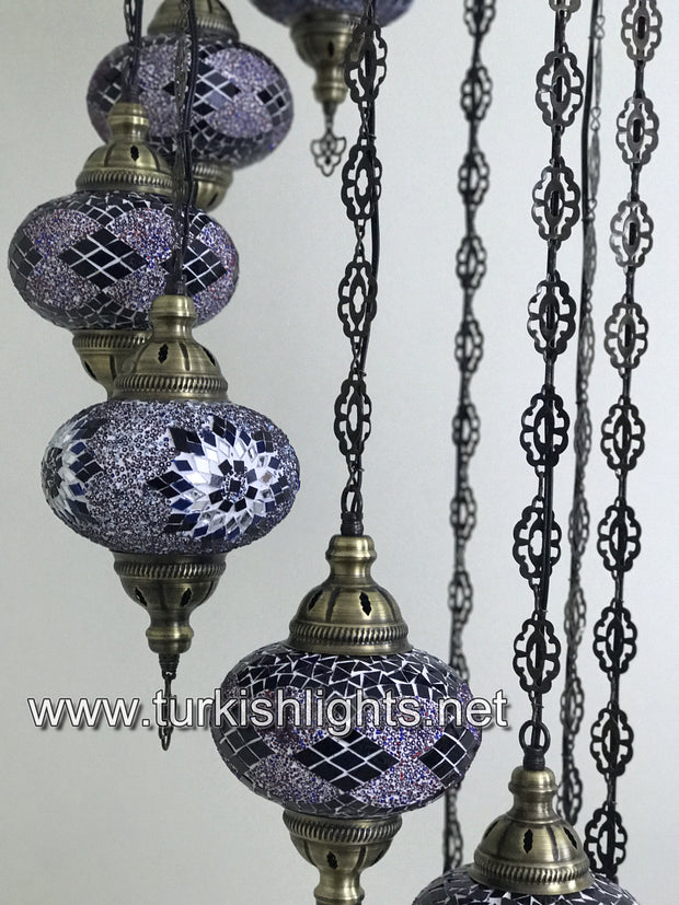 9-BALL TURKISH  MOSAIC CHANDELIER WITH LARGE GLOBES, PURPLE - TurkishLights.NET