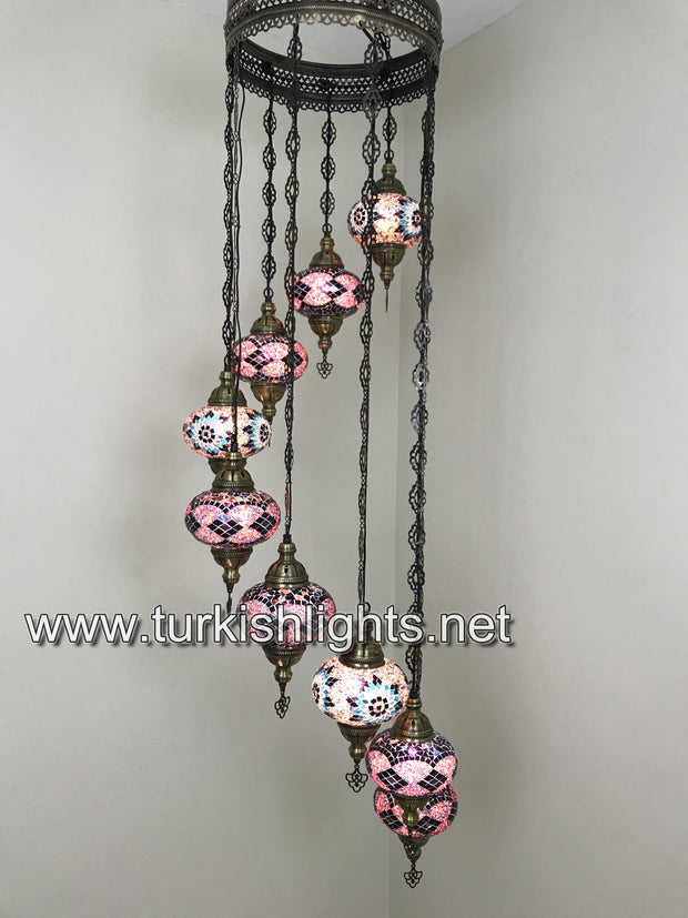 9-BALL TURKISH  MOSAIC CHANDELIER WITH LARGE GLOBES, PURPLE - TurkishLights.NET