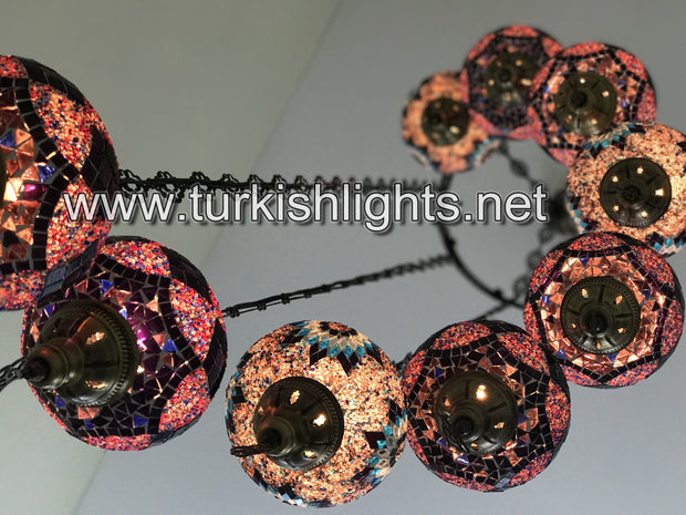 9-BALL TURKISH  MOSAIC CHANDELIER WITH LARGE GLOBES, PURPLE - TurkishLights.NET