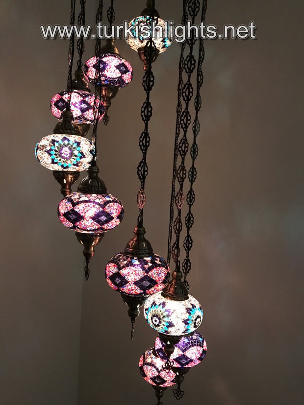 9-BALL TURKISH  MOSAIC CHANDELIER WITH LARGE GLOBES, PURPLE - TurkishLights.NET