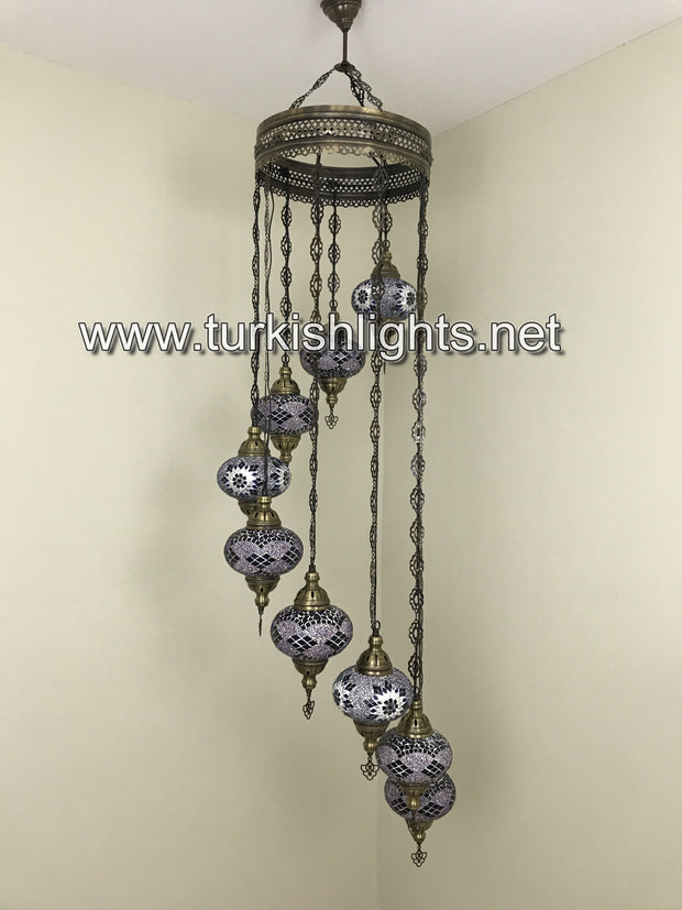 9-BALL TURKISH  MOSAIC CHANDELIER WITH LARGE GLOBES, PURPLE - TurkishLights.NET