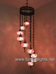 9-BALL TURKISH  MOSAIC CHANDELIER WITH LARGE GLOBES, RED - TurkishLights.NET