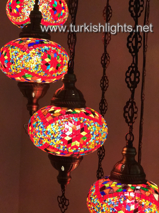 9-BALL TURKISH  MOSAIC CHANDELIER WITH LARGE GLOBES, RED - TurkishLights.NET