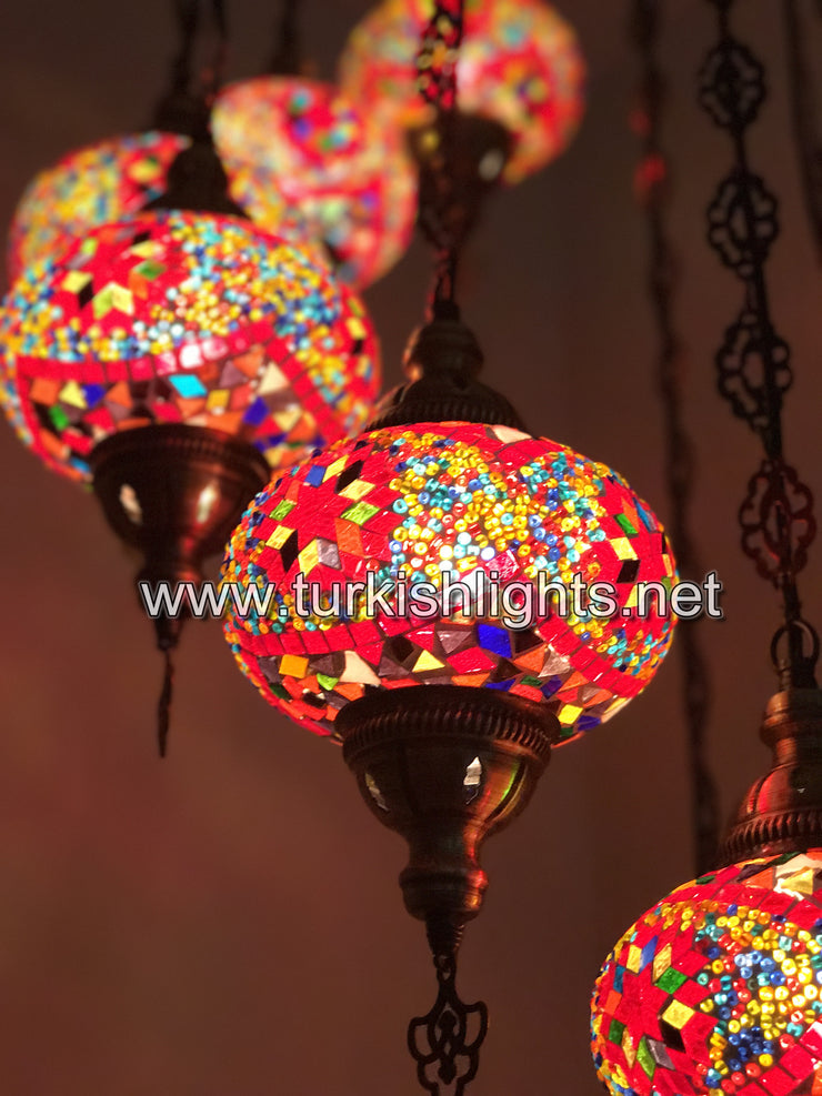 9-BALL TURKISH  MOSAIC CHANDELIER WITH LARGE GLOBES, RED - TurkishLights.NET