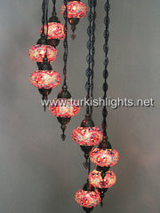 9-BALL TURKISH  MOSAIC CHANDELIER WITH LARGE GLOBES, RED - TurkishLights.NET