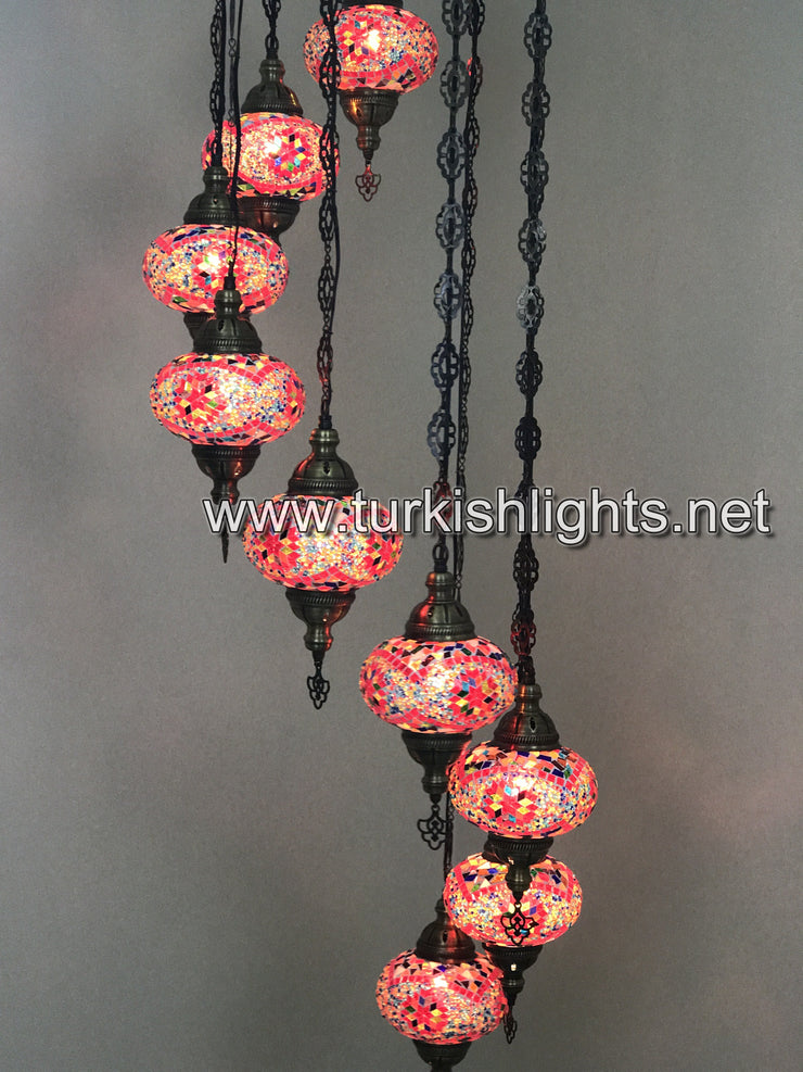 9-BALL TURKISH  MOSAIC CHANDELIER WITH LARGE GLOBES, RED - TurkishLights.NET