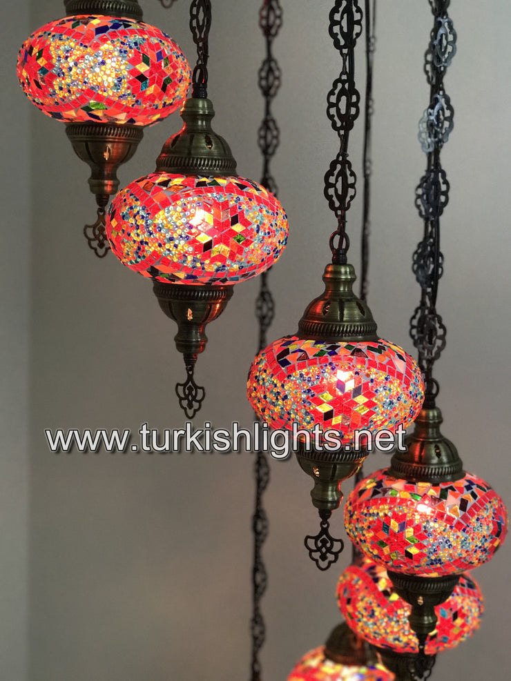 9-BALL TURKISH  MOSAIC CHANDELIER WITH LARGE GLOBES, RED - TurkishLights.NET