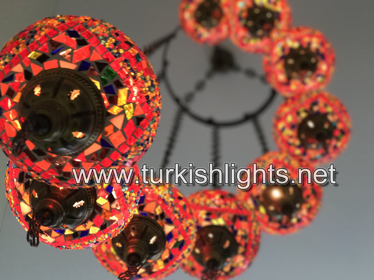 9-BALL TURKISH  MOSAIC CHANDELIER WITH LARGE GLOBES, RED - TurkishLights.NET