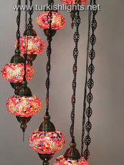 9-BALL TURKISH  MOSAIC CHANDELIER WITH LARGE GLOBES, RED - TurkishLights.NET