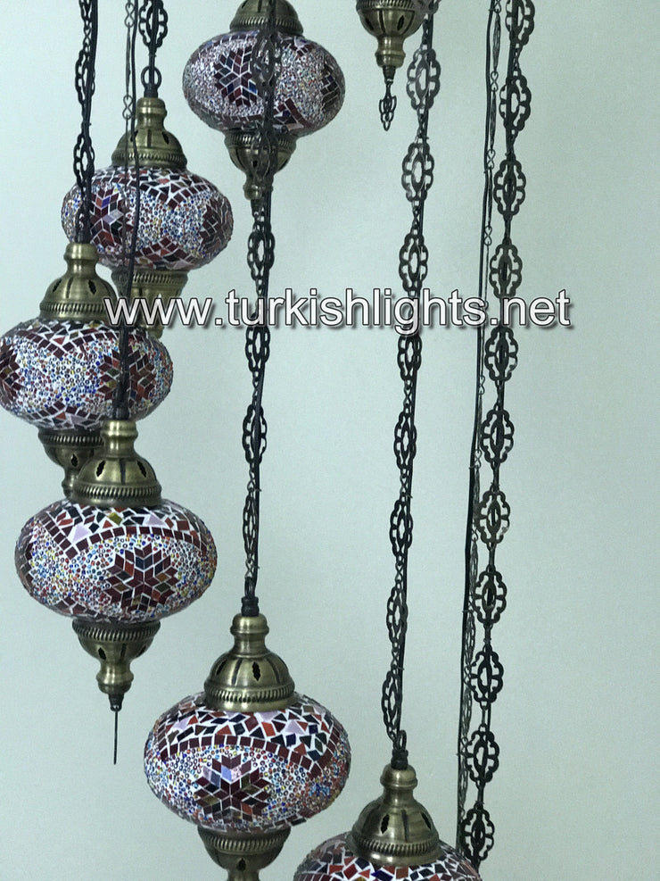 9-BALL TURKISH  MOSAIC CHANDELIER WITH LARGE GLOBES, RED - TurkishLights.NET