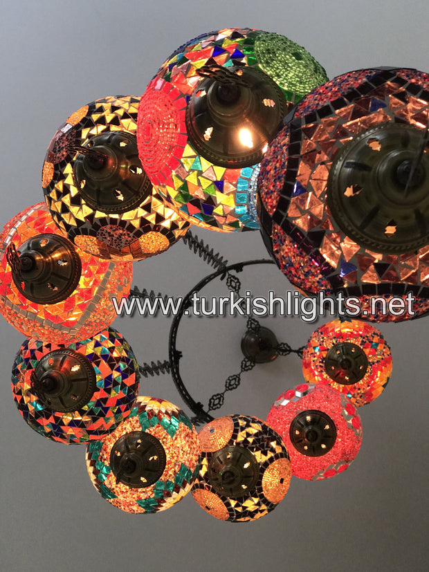 9-BALL TURKISH  MOSAIC CHANDELIER WITH LARGE GLOBES, SOFT MIX - TurkishLights.NET