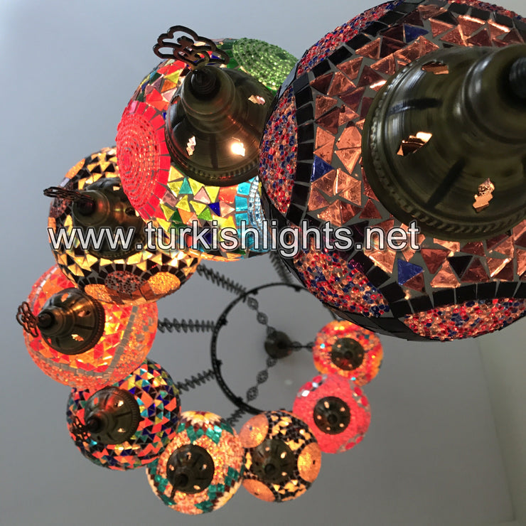 9-BALL TURKISH  MOSAIC CHANDELIER WITH LARGE GLOBES, SOFT MIX - TurkishLights.NET