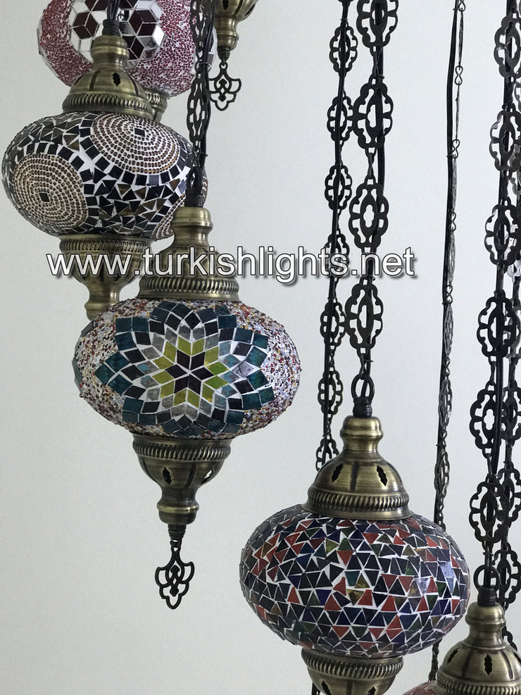 9-BALL TURKISH  MOSAIC CHANDELIER WITH LARGE GLOBES, SOFT MIX - TurkishLights.NET