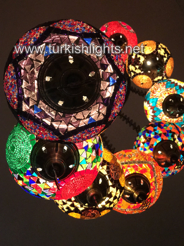 9-BALL TURKISH  MOSAIC CHANDELIER WITH LARGE GLOBES, SOFT MIX - TurkishLights.NET