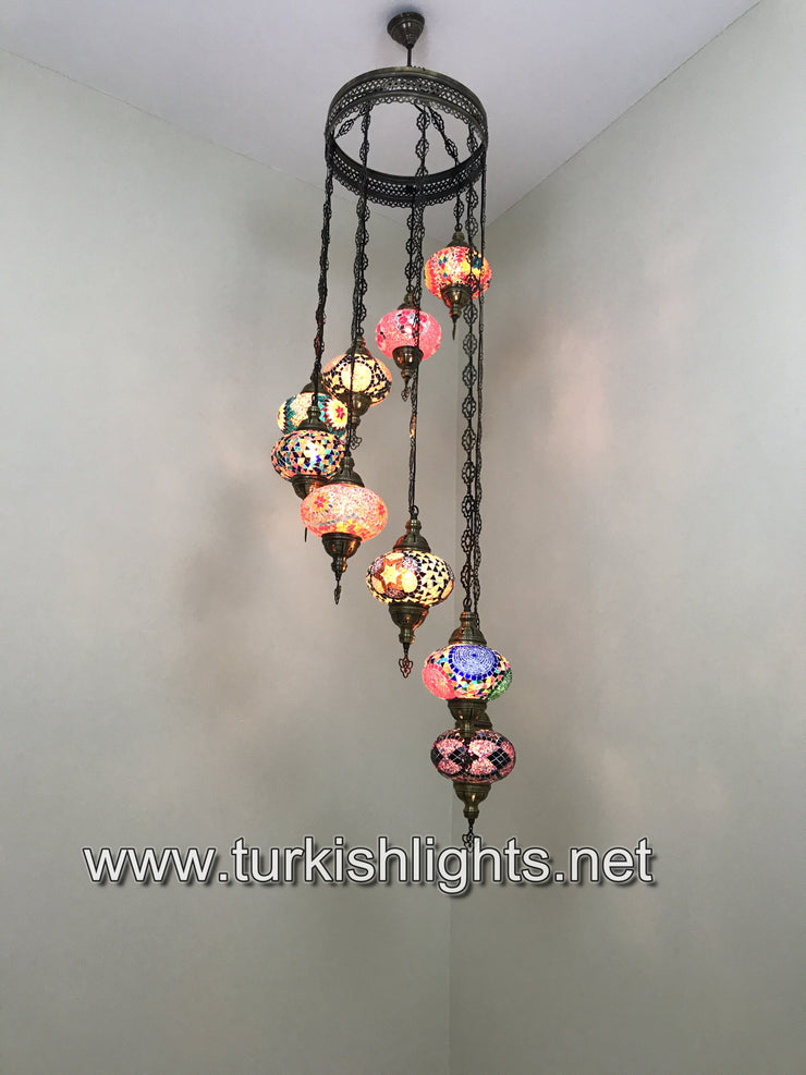 9-BALL TURKISH  MOSAIC CHANDELIER WITH LARGE GLOBES, SOFT MIX - TurkishLights.NET