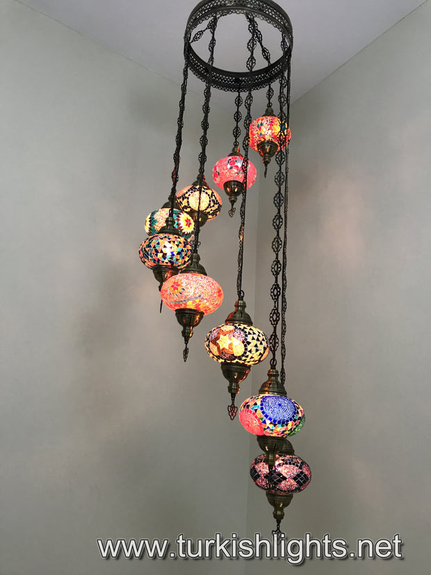 9-BALL TURKISH  MOSAIC CHANDELIER WITH LARGE GLOBES, SOFT MIX - TurkishLights.NET