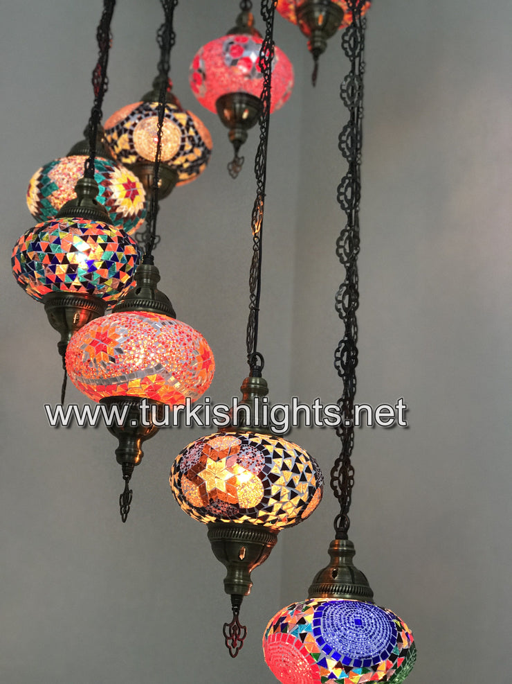 9-BALL TURKISH  MOSAIC CHANDELIER WITH LARGE GLOBES, SOFT MIX - TurkishLights.NET