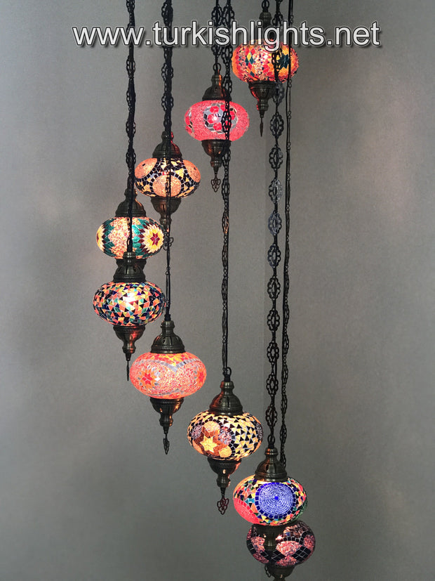 9-BALL TURKISH  MOSAIC CHANDELIER WITH LARGE GLOBES, SOFT MIX - TurkishLights.NET