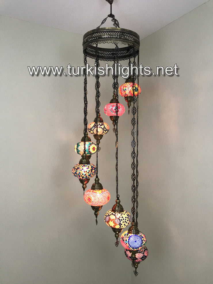 9-BALL TURKISH  MOSAIC CHANDELIER WITH LARGE GLOBES, SOFT MIX - TurkishLights.NET