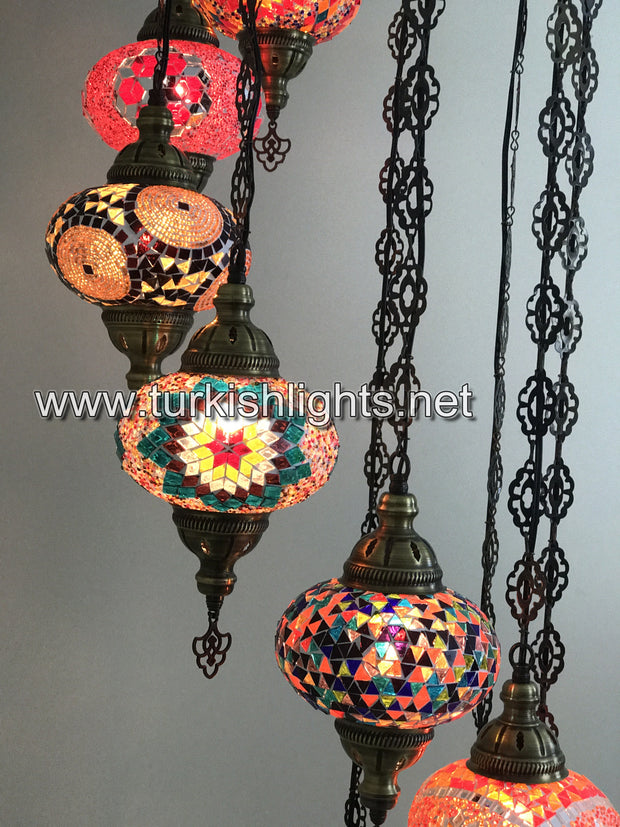 9-BALL TURKISH  MOSAIC CHANDELIER WITH LARGE GLOBES, SOFT MIX - TurkishLights.NET