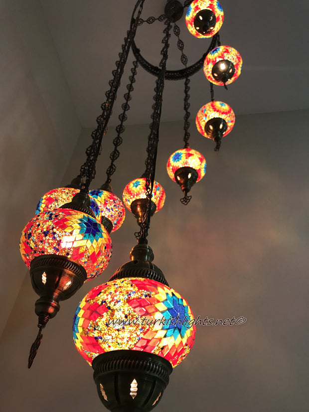 9-BALL TURKISH  MOSAIC CHANDELIER WITH MEDIUM GLOBES - TurkishLights.NET